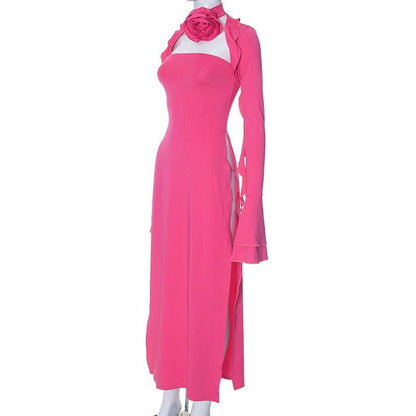 Maxikleid mit Blumenapplikation, Schlitz, ausgestellten Ärmeln und Schleife