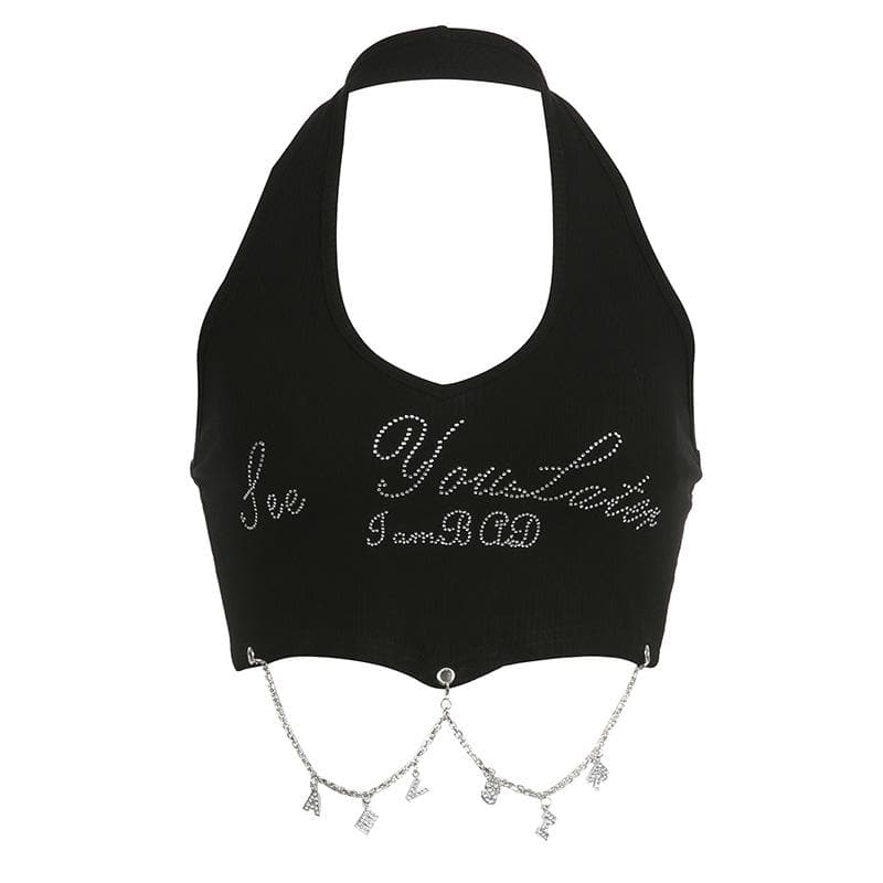 Halter beaded backless metal chain crop top