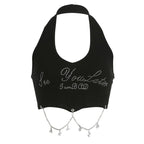 Halter beaded backless metal chain crop top