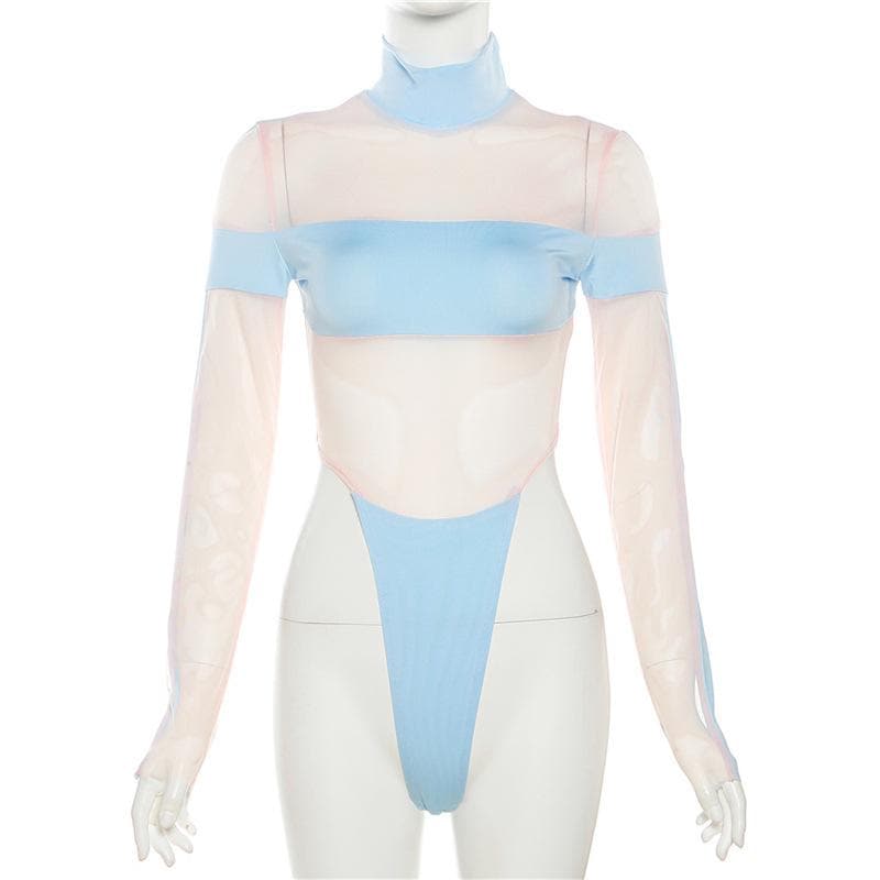 Body a collo alto e maniche lunghe in rete con patchwork a contrasto 