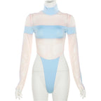 Body a collo alto e maniche lunghe in rete con patchwork a contrasto 