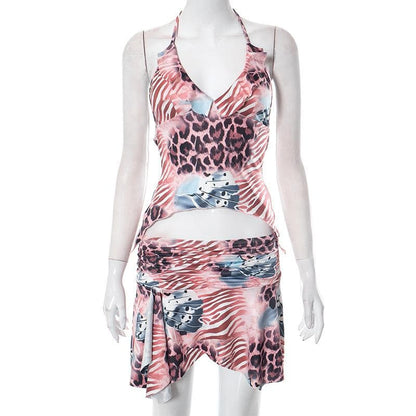 Leopard print contrast halter backless ruched ruffle v neck mini skirt set