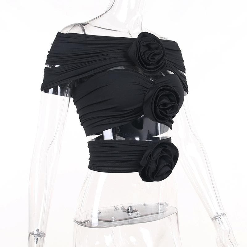 Flower applique ruched solid hollow out off shoulder top