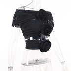 Flower applique ruched solid hollow out off shoulder top