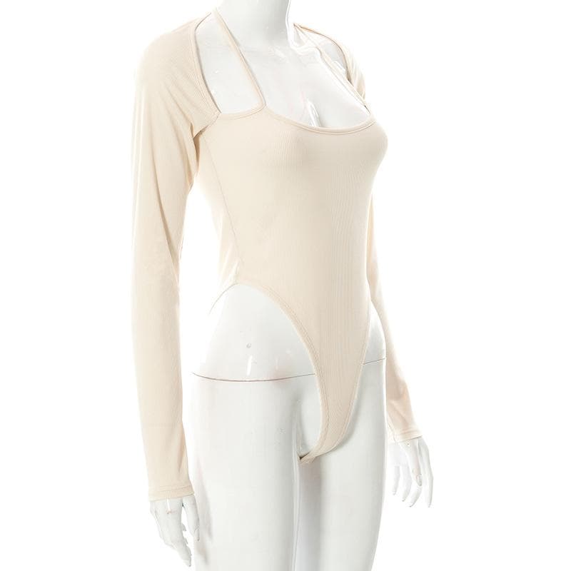 Body a maniche lunghe con scollo all'americana e coste unite 