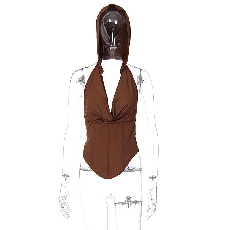 Felpa con cappuccio, corsetto senza maniche, schiena scoperta, collo a cappuccio, top solido 