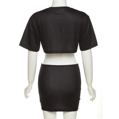 Crewneck short sleeve abstract contrast mini skirt set