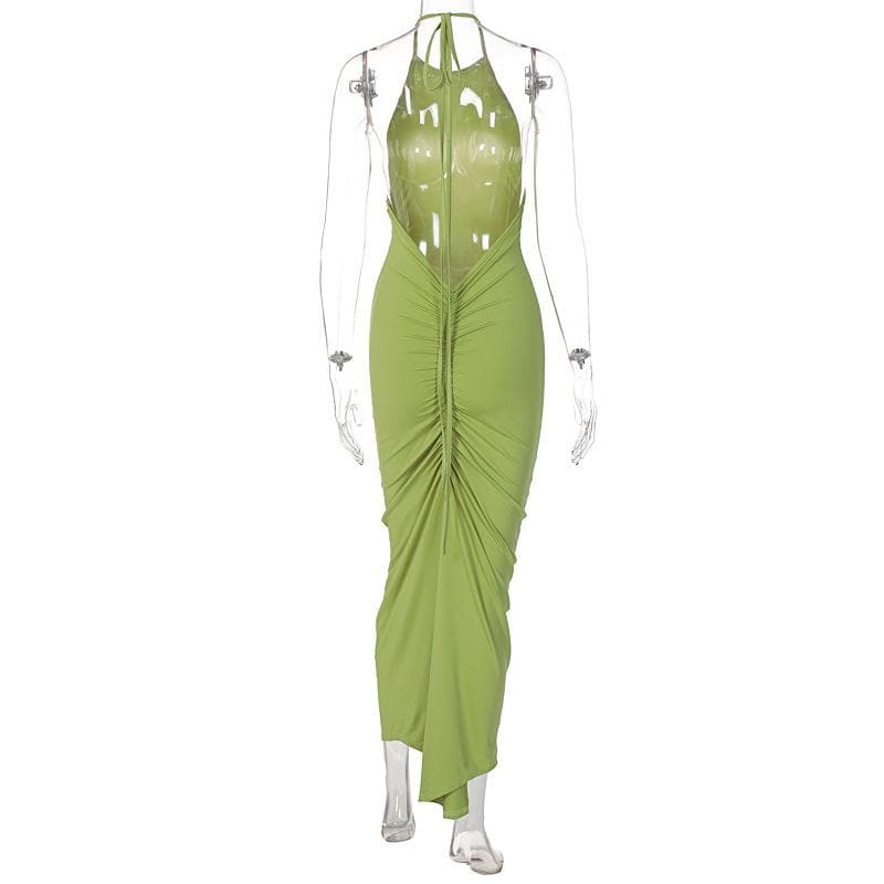 Backless solid ruched self tie halter maxi dress