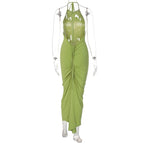 Backless solid ruched self tie halter maxi dress