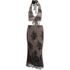 Completo gonna midi con scollo a V e schiena scoperta in pizzo con allacciatura all'americana 