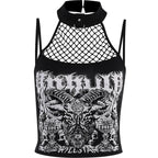Halter backless abstract button contrast fishnet crop top