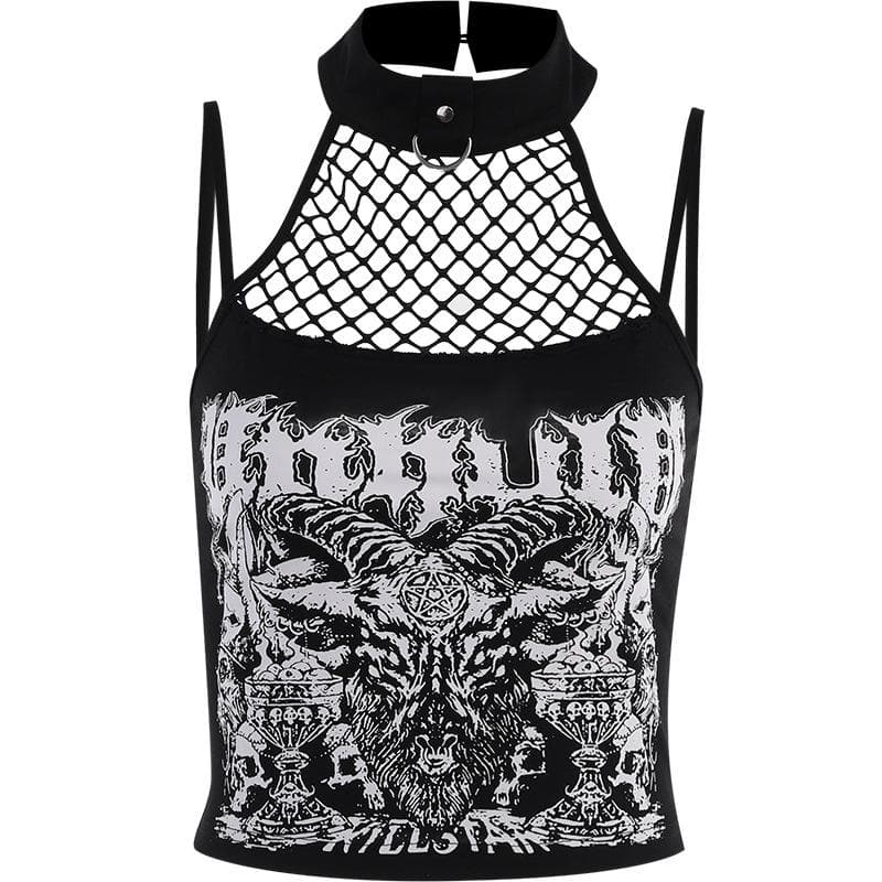 Halter backless abstract button contrast fishnet crop top