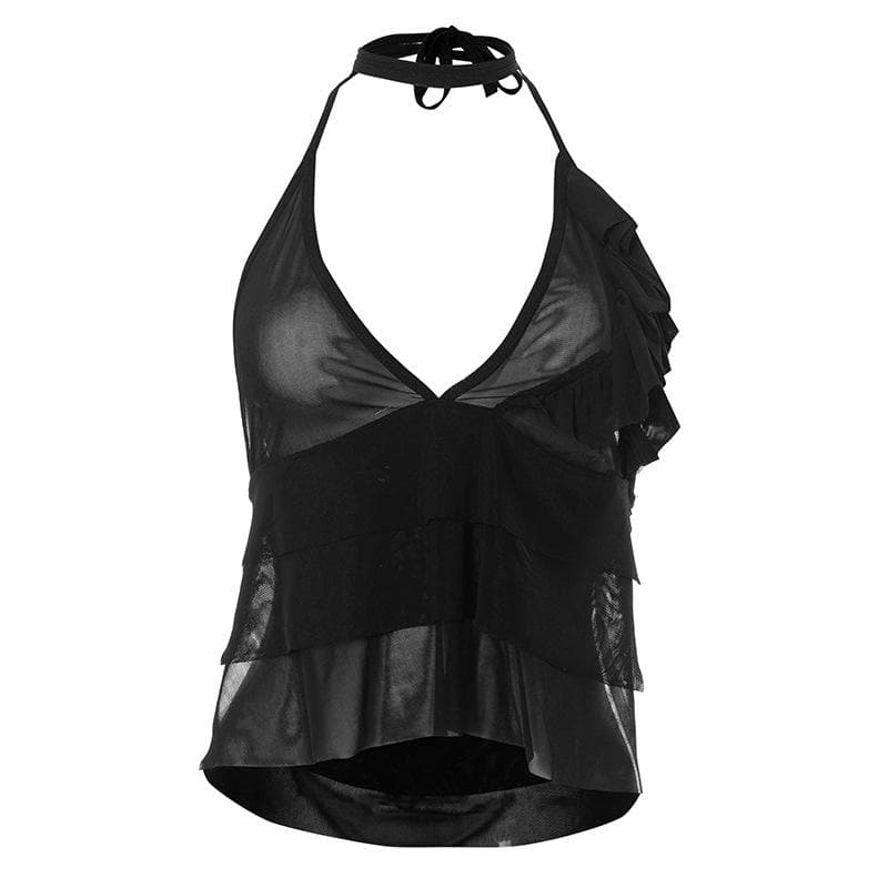 Neckholder-Crop-Top aus transparentem Netzstoff mit Rüschen und V-Ausschnitt 
