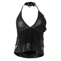 Neckholder-Crop-Top aus transparentem Netzstoff mit Rüschen und V-Ausschnitt 