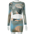 Long sleeve crewneck mesh see through contrast print mini skirt set