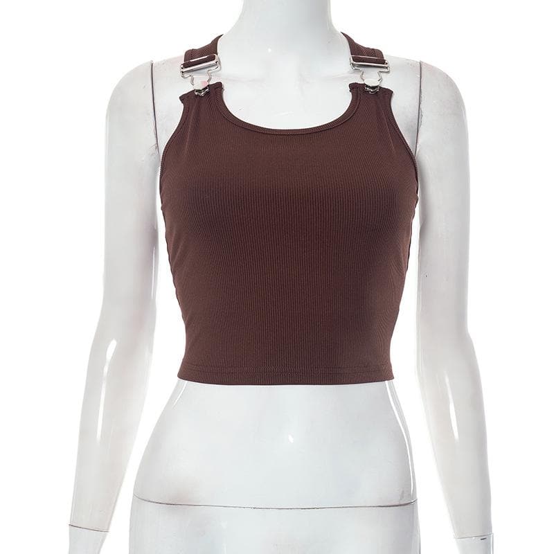 Ribbed buckle u neck sleeveless solid crop top