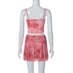 Tie dye contrast ruffle backless bowknot cami mini skirt set