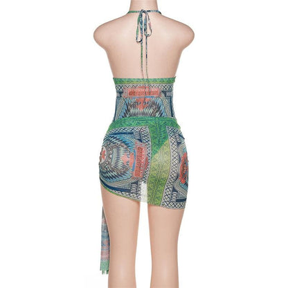 Sheer mesh see through contrast print v neck halter bodysuit mini dress skirt set