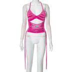 Hollow out self tie halter backless v neck crop top