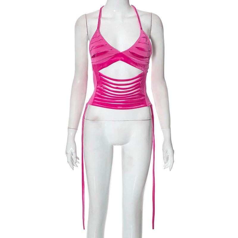 Hollow out self tie halter backless v neck crop top