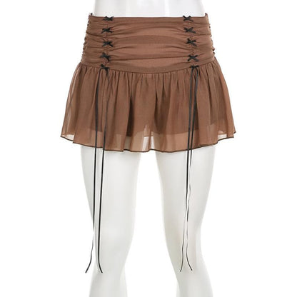 Chiffon ruched zip-up bowknot low rise mini skirt