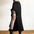 Slit ruffle medium rise solid lace up irregular midi skirt