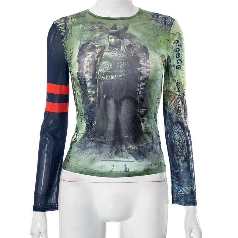 Long sleeve sheer mesh see through abstract print top
