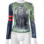 Long sleeve sheer mesh see through abstract print top