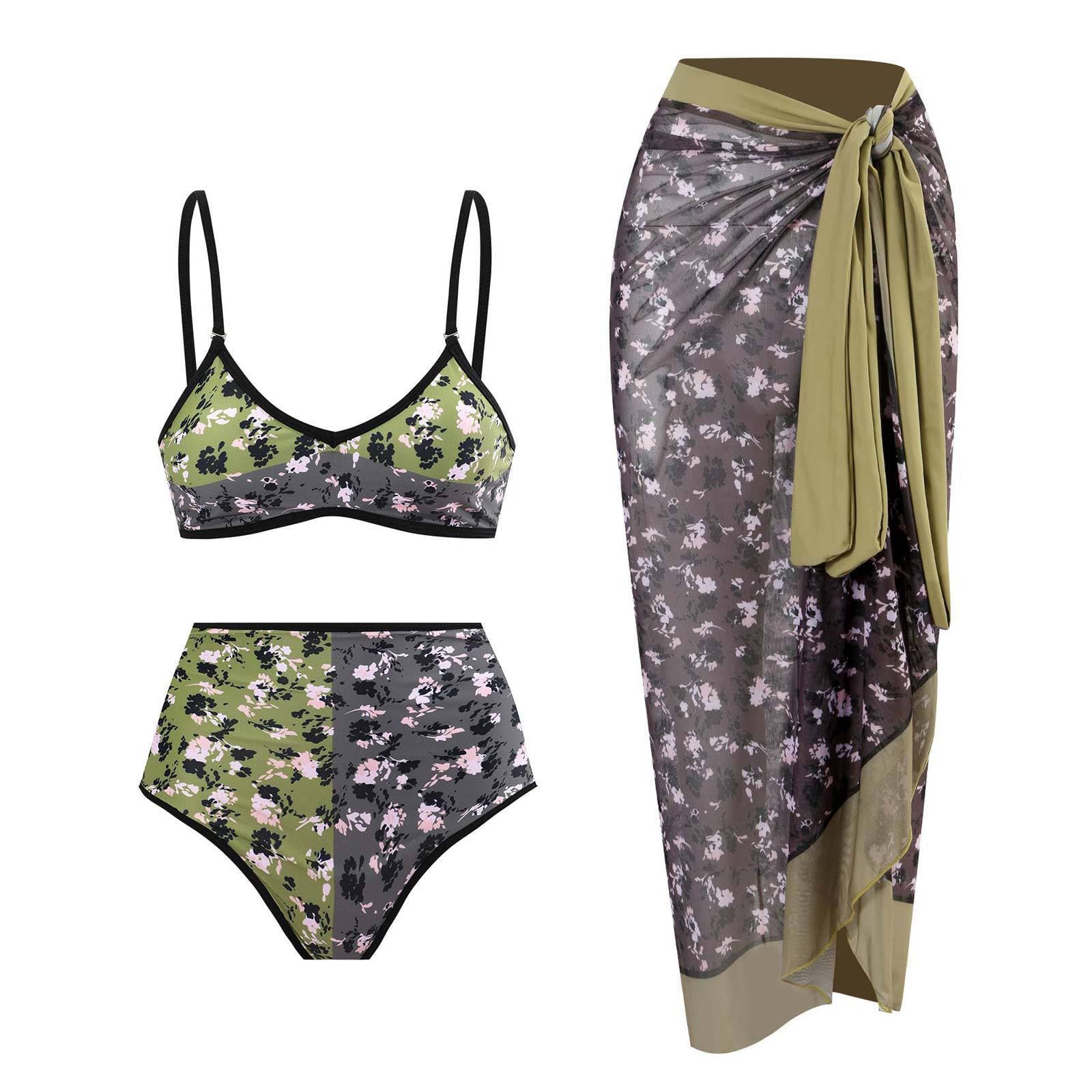 Costume da bagno 3 pezzi con canotta bidirezionale e scollo a V a contrasto con stampa floreale