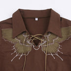 Long sleeve contrast turnover collar butterfly pattern lace up crop top - Final Sale