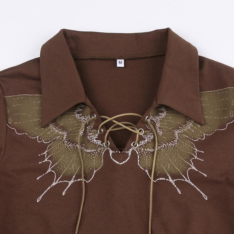 Long sleeve contrast turnover collar butterfly pattern lace up crop top - Final Sale