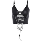 Backless v neck o ring lace up fishnet hollow out solid cami crop top