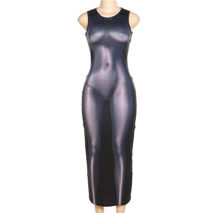 Robe longue à col ras du cou et sans manches contrastée à motif corporel 
