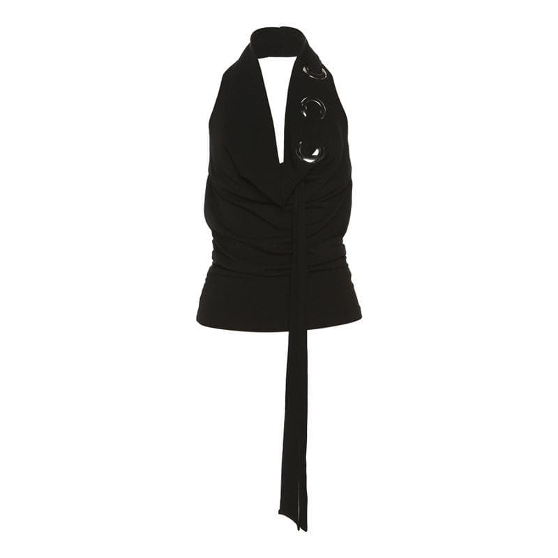 Halter backless hollow out ribbed cowl neck solid top