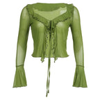 Sheer mesh see through ruffle flared sleeve solid slit top