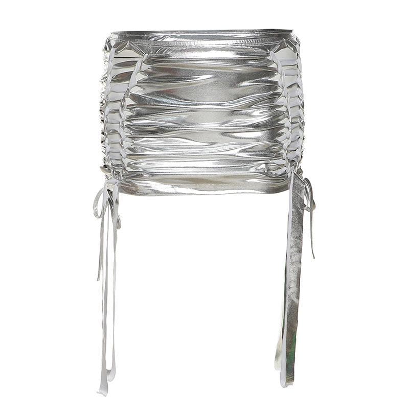 Ruched drawstring hollow out metallic self tie solid mini skirt - Final Sale