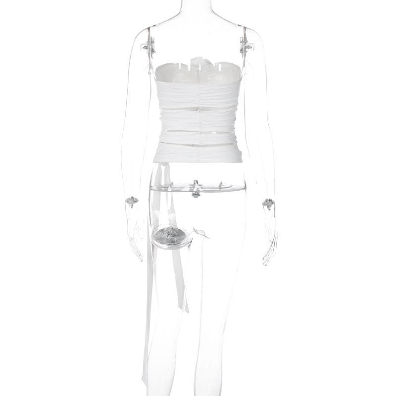 Hollow out solid flower applique ruched backless top