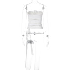Hollow out solid flower applique ruched backless top