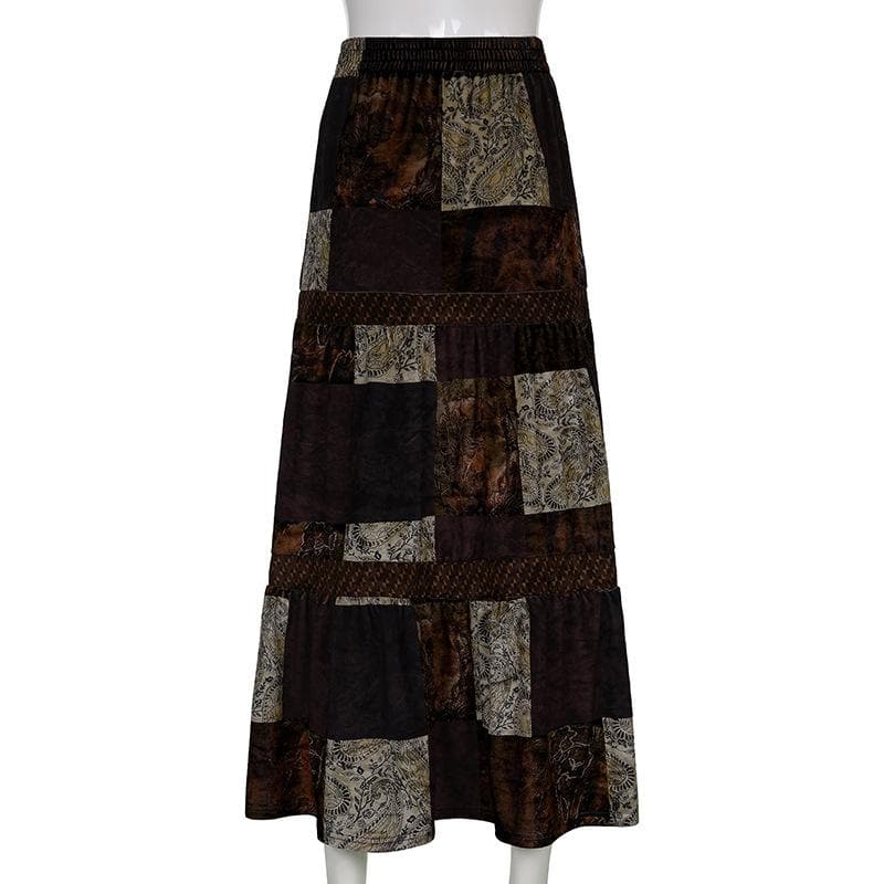 Patchwork contrast ruched medium rise maxi skirt