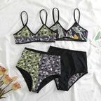 Costume da bagno 3 pezzi con canotta bidirezionale e scollo a V a contrasto con stampa floreale
