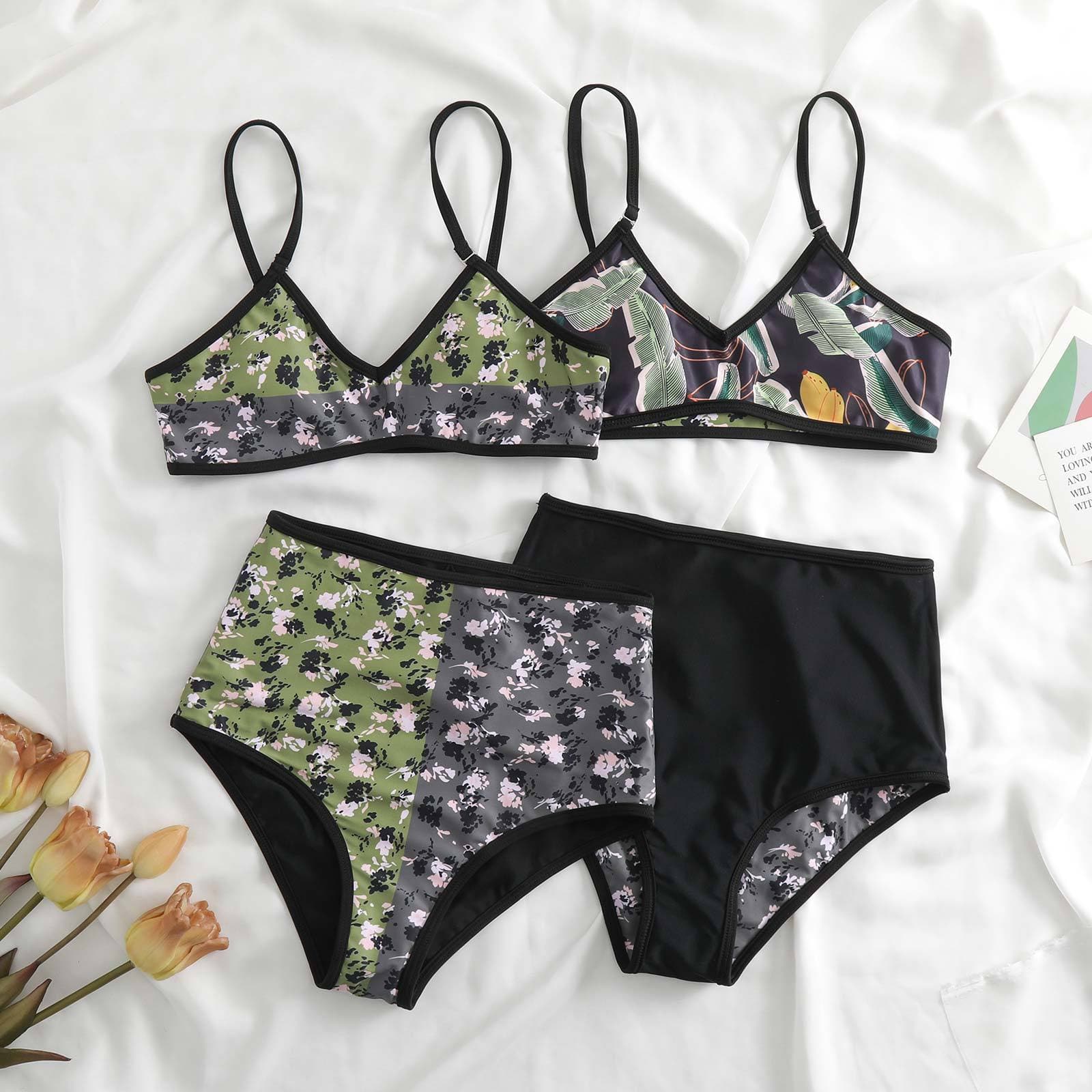 Costume da bagno 3 pezzi con canotta bidirezionale e scollo a V a contrasto con stampa floreale
