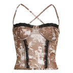 Cross back lace hem backless mesh contrast print cami top