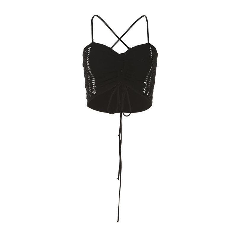Cross back crochet hollow out v neck drawstring crop top