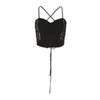 Cross back crochet hollow out v neck drawstring crop top