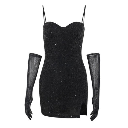 Minikleid mit Camisole-Ausschnitt und Schlitz mit Perlen und Handschuhen - Schlussverkauf 