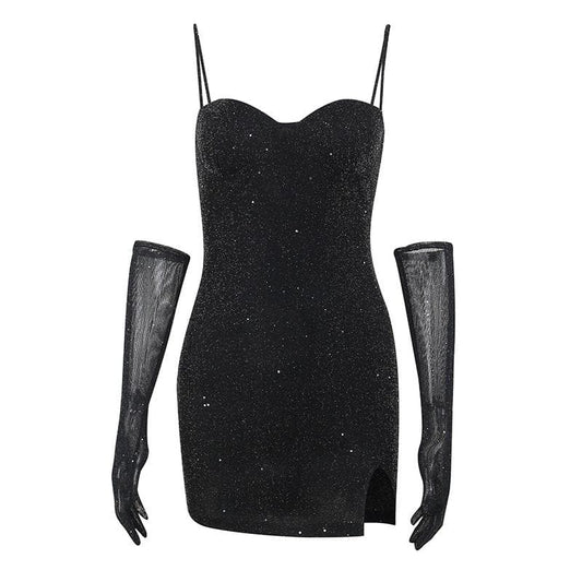 Minikleid mit Camisole-Ausschnitt und Schlitz mit Perlen und Handschuhen - Schlussverkauf 
