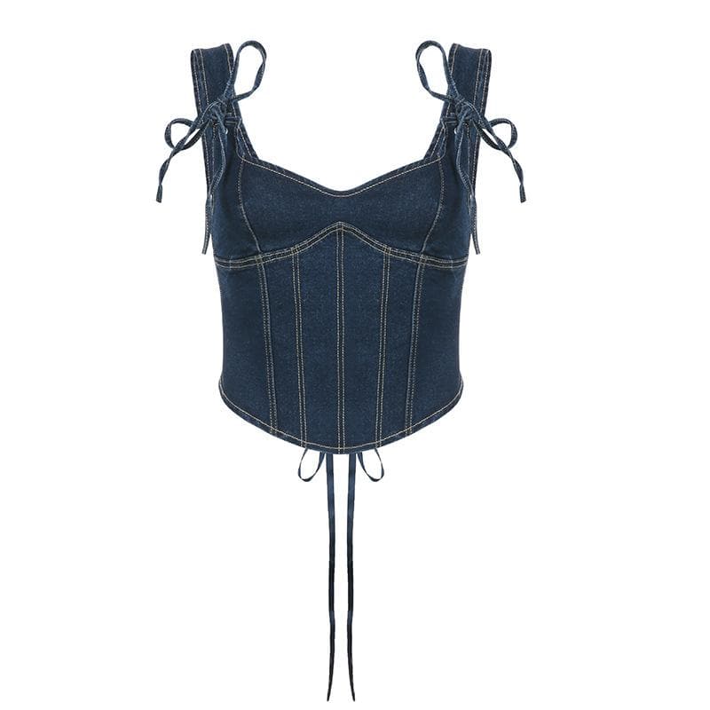 Top corsetto senza maniche con lacci in denim cucito e scollato