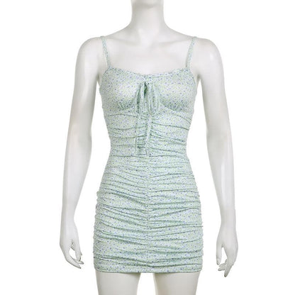 Ruched self tie backless contrast flower print cami mini dress