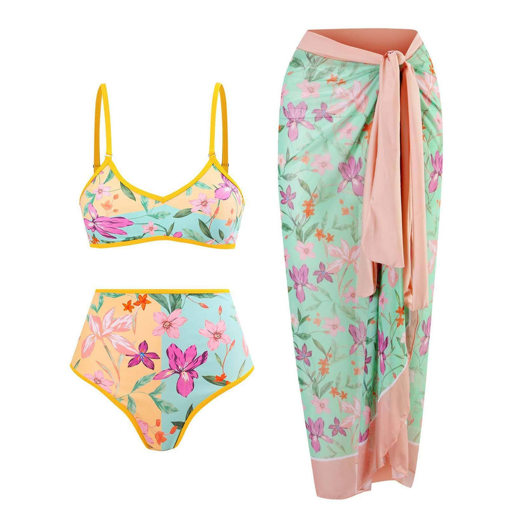Costume da bagno 3 pezzi con canotta bidirezionale e scollo a V a contrasto con stampa floreale