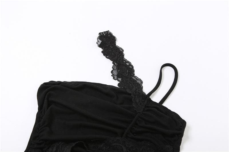 Irregular ruched lace hem solid backless top